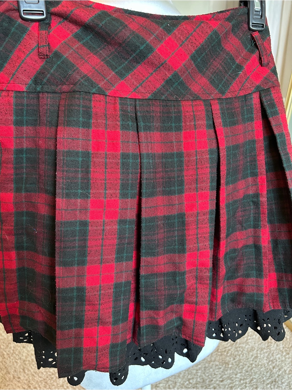 ChouYatou Buffalo Plaid Schoolgirl Mini Skirt w Black Lace Slip Wool | XL - Picture 2 of 8
